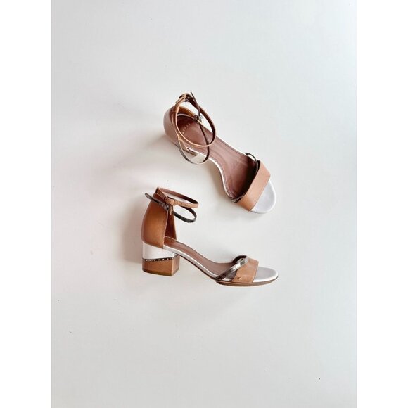 MAIYET Tan White Gold Colorblock Studded Stacked Block Heel Sandals, Size 39 - Picture 1 of 16